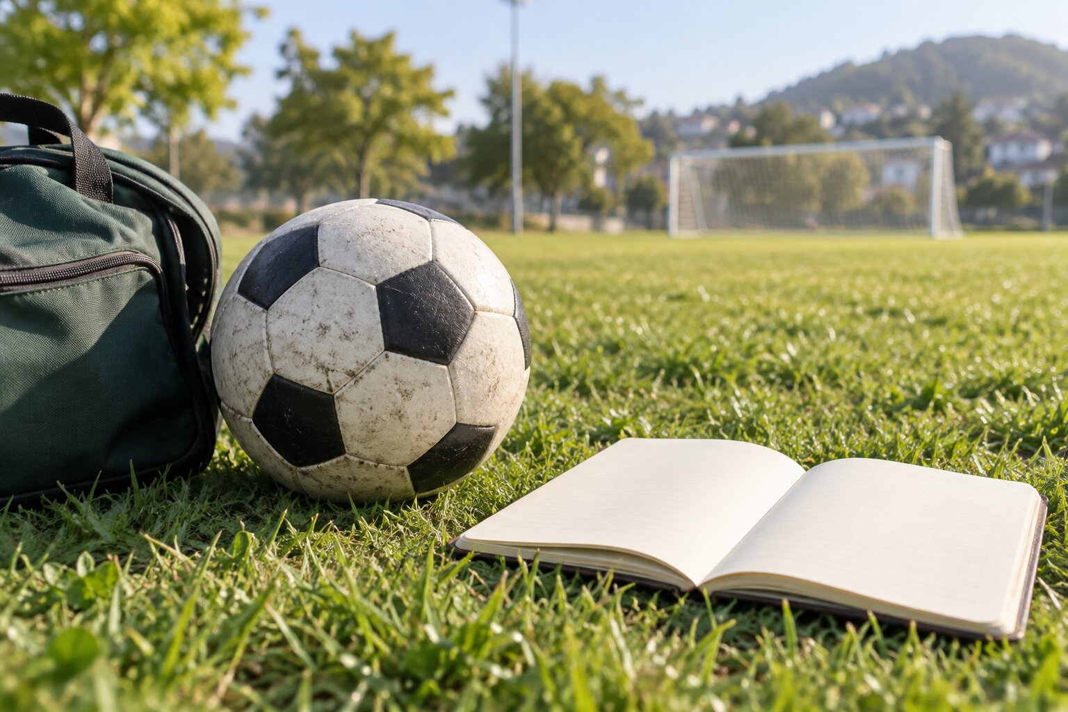 グラウンドに置かれたサッカーボールと連絡帳のイメージ